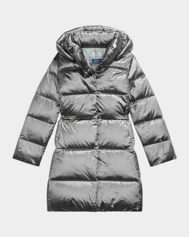 Girl's Celia Metallic Long Hooded Down Jacket, Size S-